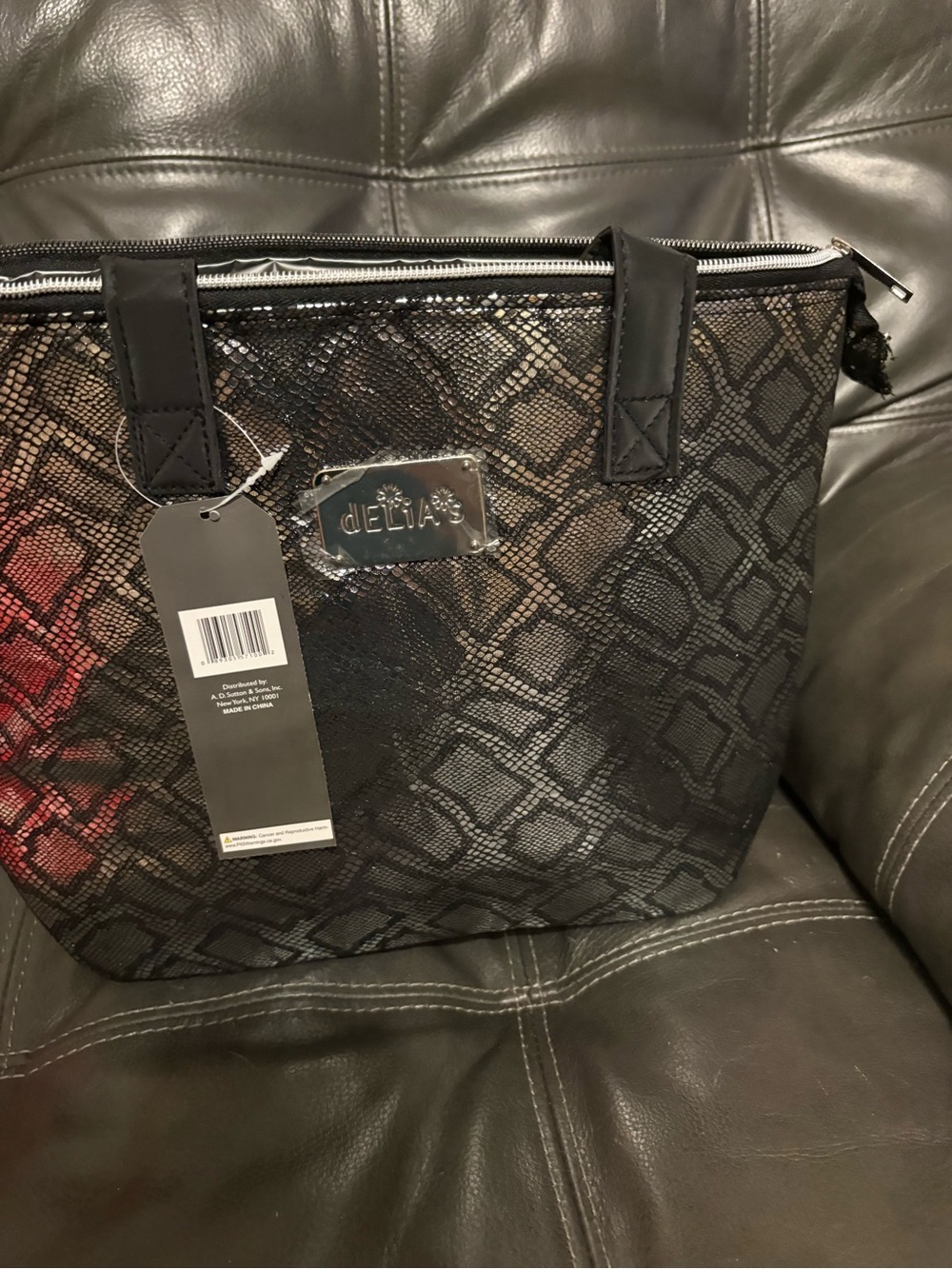 dELiA*s Black Snake-Print Tote with Silver Plate